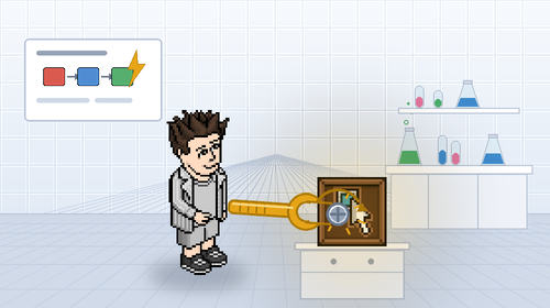Frank, um Habbo de jaleco, apertando o parafuso de uma caixa de wired no laboratório